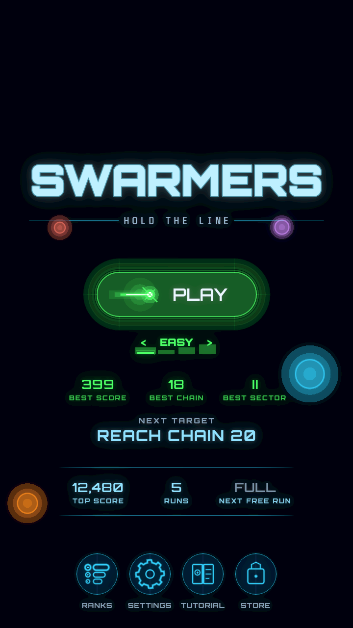 Swarmers main menu with PLAY and difficulty select